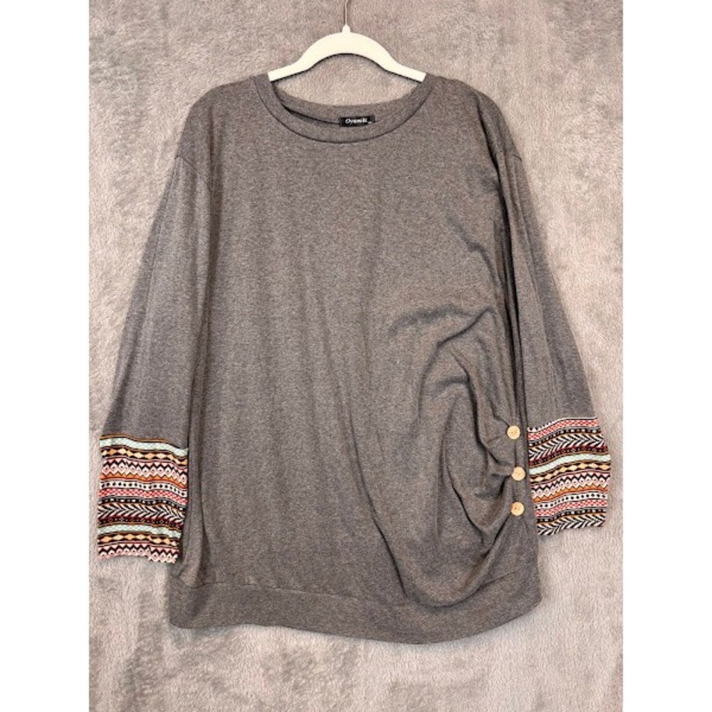 Oyamiki‎ Womens XXL Grey Long Sleeve Tunic Top Ruched Side Tribal Print Cuffs